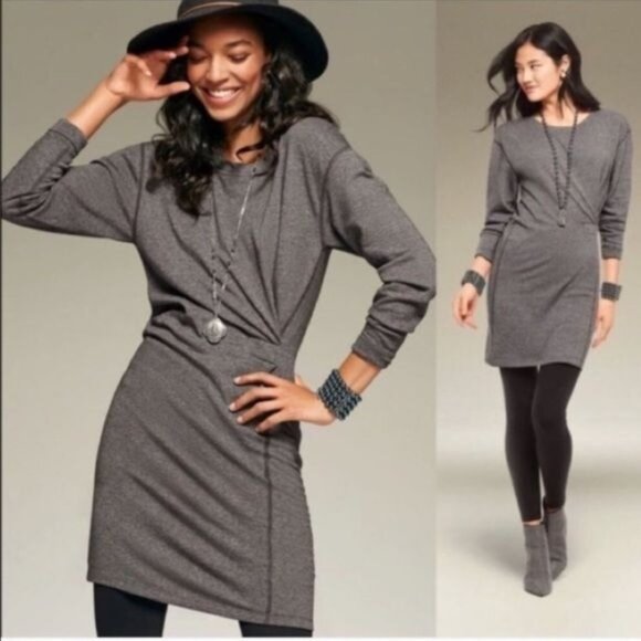 CAbi Dresses & Skirts - CAbi Put On Heathered Gray Long Sleeve Gathered Waist Dress S